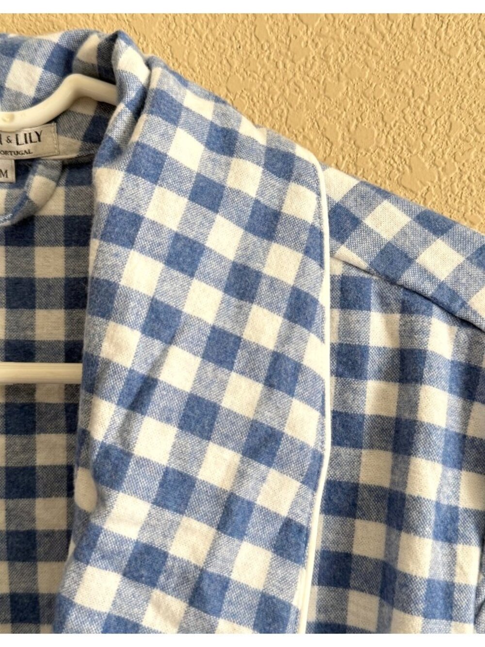 SERENA & LILY Women's Gingham Flannel Robe Brushed Cotton Blue White - Picture 2 of 9